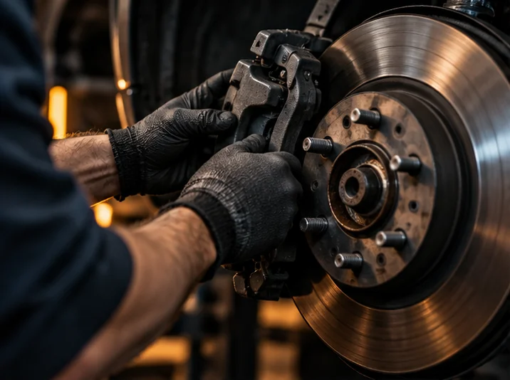 Close-up of automotive repair work and components