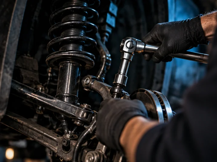 Close-up of automotive repair work and components