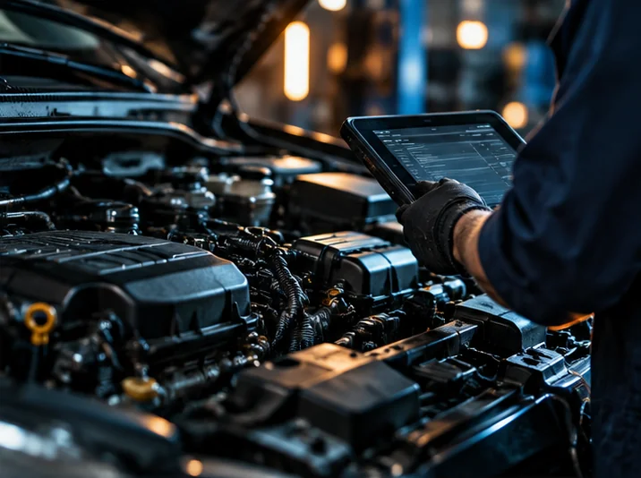 Close-up of automotive repair work and components