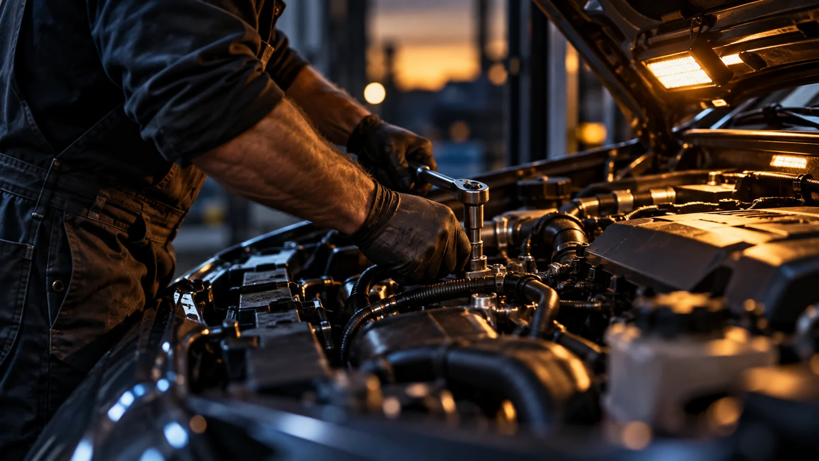 Close-up of automotive repair work and components